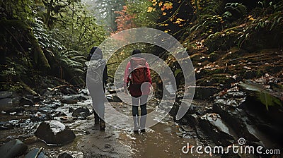 Couple Hiking on a Wooded Trail in the Forest Stock Photo