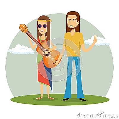 Couple hippies playing guitar lifestyle characters Vector Illustration