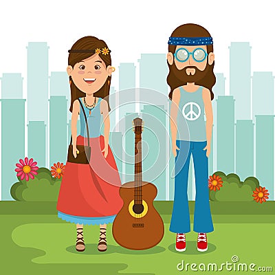 Couple hippies playing guitar lifestyle characters Vector Illustration