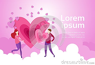 Couple Hold Hands Over Heart Shape On Pink Clouds Background With Copy Space Valentine Day Banner Vector Illustration