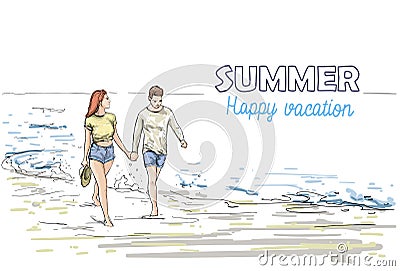 Couple Hold Hands Walking Beach Man And Woman Holiday Sketch On Sea Vacation Vector Illustration