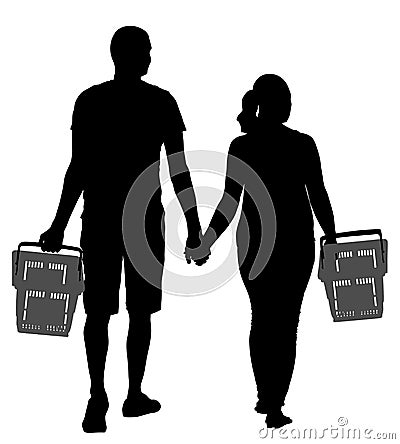 Couple holding hand and walking in shopping market vector silhouette. People with consumer basket buy food and another goods. Cartoon Illustration