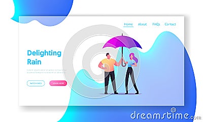 Couple Holding Umbrella Walking in Rainy Weather Landing Page Template. Speaking, Enjoying Relation, Love. Pair Outdoors Vector Illustration