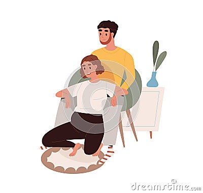 Couple at home birth, labor. Pregnant woman and partners support during baby delivery. Husband helping in natural childbirth. Vector Illustration