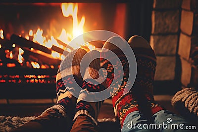 Young romantic couple sitting on sofa in front of fireplace, Warming and relaxing near fireplace. Stock Photo