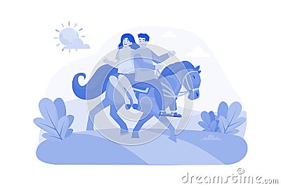 A couple horseback rides along picturesque trails in the morning Vector Illustration