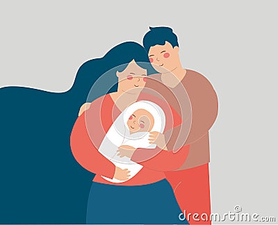 Couple hug their baby with love. husband and wife embrace their new born child. Happy father's and mother's day. Vector Illustration