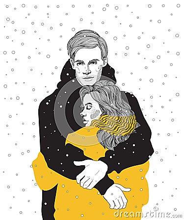 couple hugs under the snow Vector Illustration