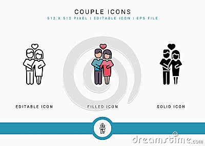 Couple icons set vector illustration with solid icon line style. Wedding love romance concept. Vector Illustration