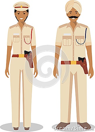 Couple of indian policeman and policewoman standing together on white background in flat style. Police concept. Flat design people Stock Photo