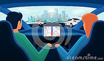 Couple inside autonomous car interior on highway traffic jam with day city skyline Vector Illustration