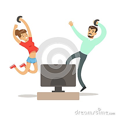 Couple With Joysticks Jumping Winning,Part Of Happy Gamers Enjoying Playing Video Game, People Indoors Having Fun With Vector Illustration