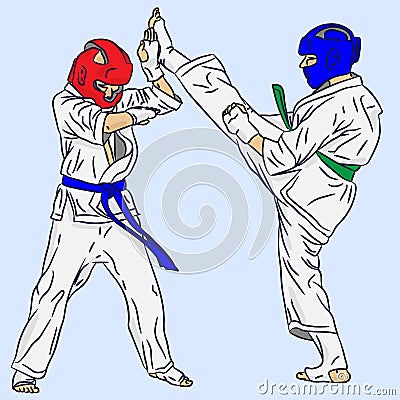 A couple of karate or taekwondo. Fight in vector action. Kick from 3d art Vector Illustration