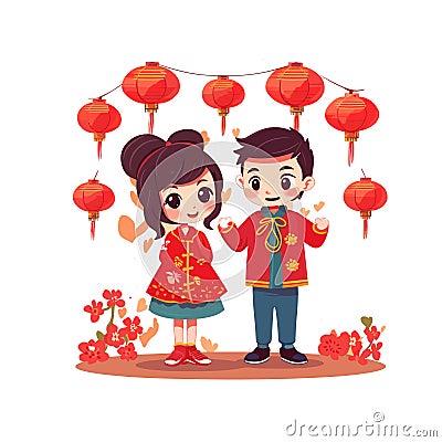 COUPLE KIDS WEARING TRADITIONAL CHINESE CUSTOM WITH LUNAR Vector Illustration