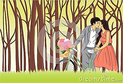 Couple Kiss Madly in Love Vintage Retro Vector Illustration Stock Photo