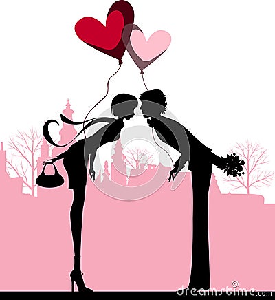 Couple kissing above the city. Vector Illustration