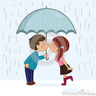 Couple kissing in the rain Vector Illustration
