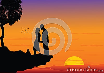 Couple kissing on sunset Cartoon Illustration