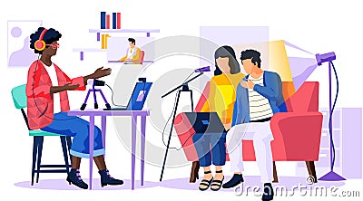 Couple with laptop sings song into a microphone. Girl with headphones recording track in the studio Vector Illustration