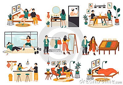 Couple daily life routine. Family everyday activities colorful scenes, man and woman joint pastime, leisure and Vector Illustration