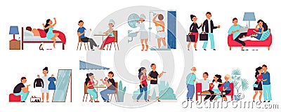 Couple life together. Romantic person daily routine, man walking. Family in home, wake up eating, wash in bathroom Vector Illustration