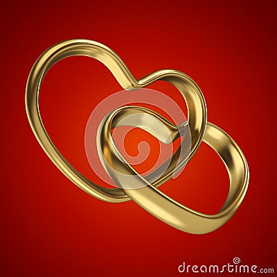 Couple of linked gold wedding rings on red background Stock Photo