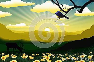 Couple little birds with beautiful sundown in countryside Stock Photo