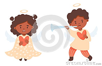 Couple little Christmas ethnic angels. Cute boy with trumpet and girl. Vector illustration in cartoon style. Xmas kids Vector Illustration