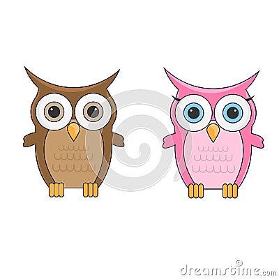 Couple little cute cartoon owls man and woman characters Vector Illustration