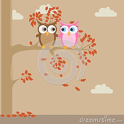 Couple little cute cartoon owls on a tree Cartoon Illustration