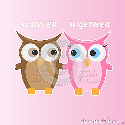 Couple little cute cartoon owls vector illustration. Vector Illustration