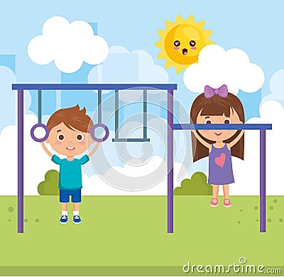 Couple little kids in the park characters Vector Illustration