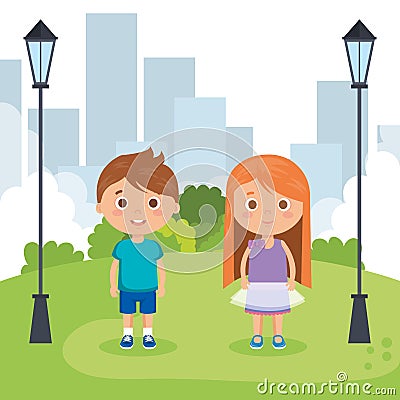 Couple little kids in the park characters Vector Illustration