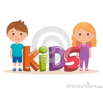 Couple little kids with word characters Vector Illustration