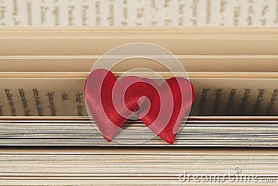 Couple little red hearts on a opened pages of literature Stock Photo