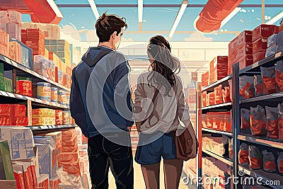 Couple looking for food in a grocery store. Vector illustration, Rear view of young couple shopping in supermarket illustration, Cartoon Illustration