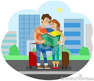 Couple Looking at Map Finding Their Way at Town Vector Illustration