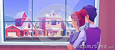 Couple looking at window at snowfall on street Vector Illustration