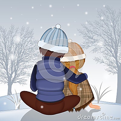 Couple looks at the landscape in the winter Stock Photo