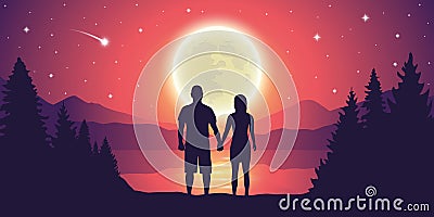Couple looks to the full moon and falling stars at beautiful lake Vector Illustration