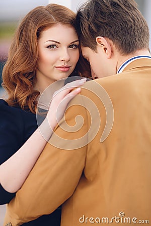 Couple in love on the background of the spring city. Stock Photo