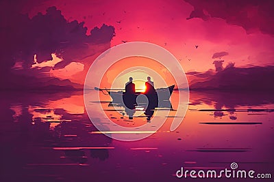 A couple in love. Boat in lake evening sunset. Stock Photo