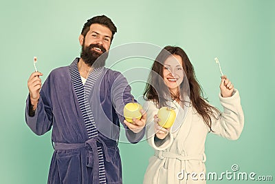 Couple in love cleaning teeth. Freshness and cleanliness. Keep teeth healthy. Healthy habits. Brush teeth every morning Stock Photo