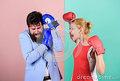 Couple in love competing boxing. Conflict concept. Family life. Complicated relationships. Couple romantic relationships Stock Photo