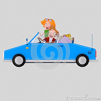 Couple in love driving convertible blue car. 3D Cartoon Illustration