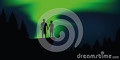 Couple in love enjoy the polar lights on a cliff in the forest Vector Illustration