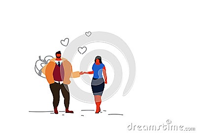 Couple in love happy valentines day concept boyfriend hiding surprise gift box behind back man woman lovers holding Vector Illustration