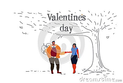 Couple in love happy valentines day concept boyfriend hiding surprise gift box behind back man woman lovers holding Vector Illustration