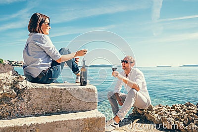 Couple in love have romantic date in blue sea lagune Stock Photo