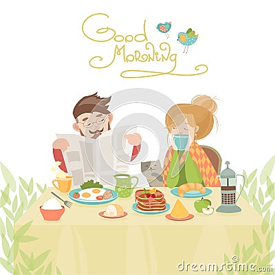 Couple in love having breakfast Vector Illustration